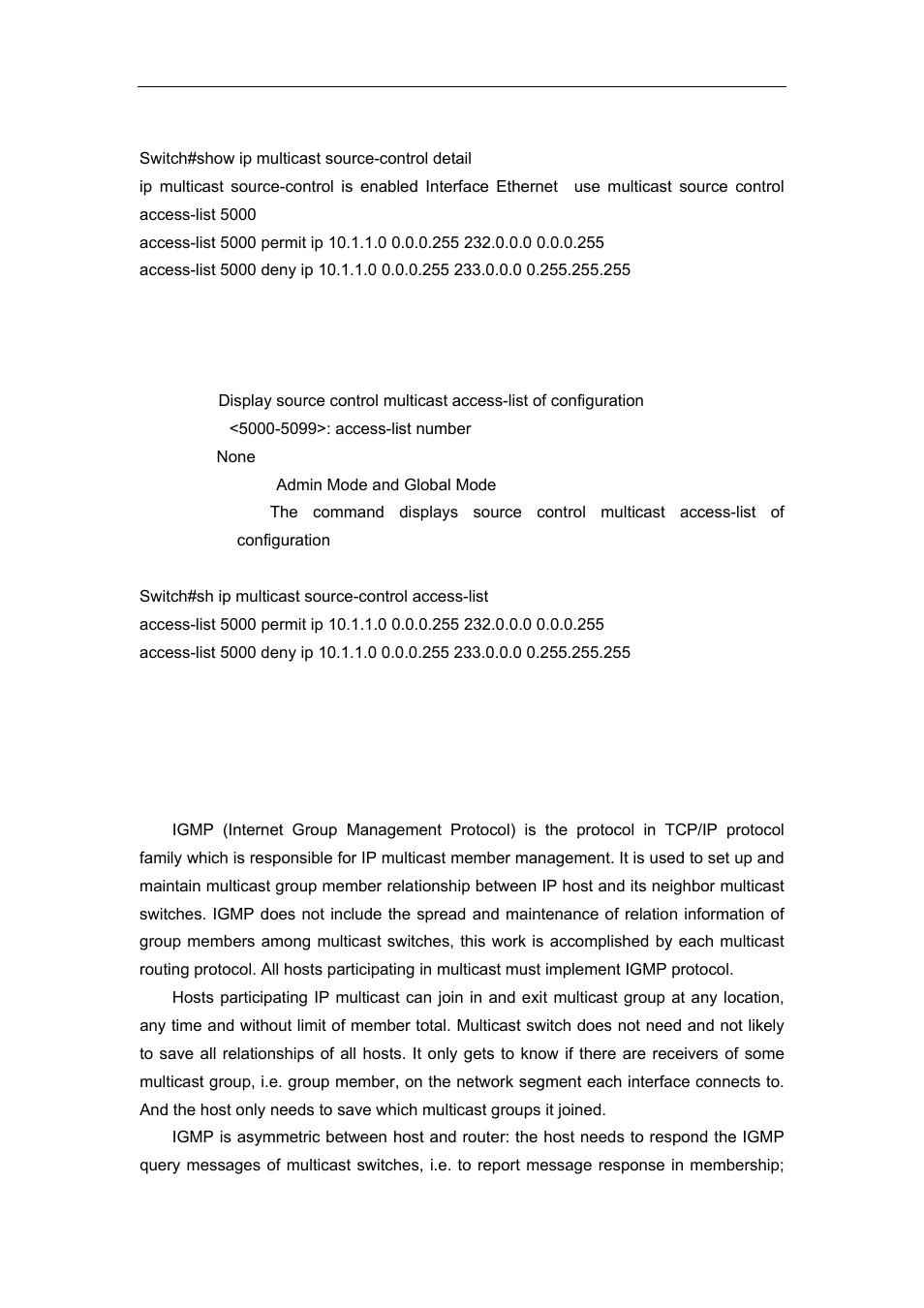 5 show ip multicast source-control access-list, 6 igmp, 1 introduction to igmp | Igmp | Accton Technology ES4626 User Manual | Page 669 / 853