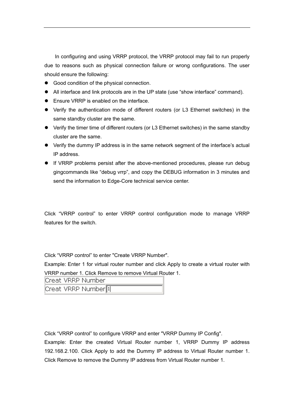 5 vrrp troubleshooting, 6 web management, 1 create vrrp number | 2 configure vrrp dummy ip, Vrrp, Roubleshooting, Anagement | Accton Technology ES4626 User Manual | Page 819 / 853