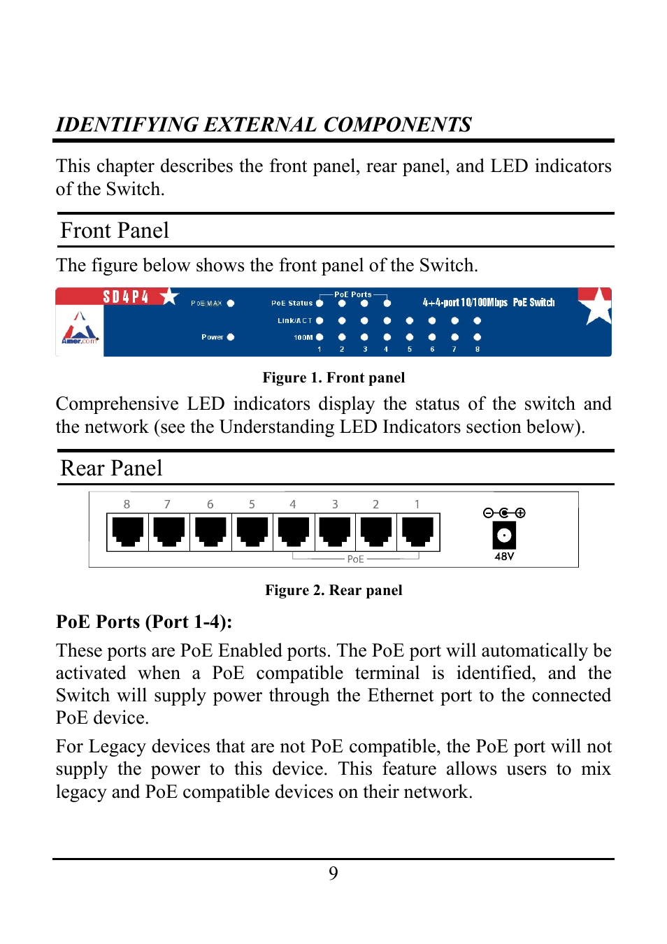 Identifying external components, Front panel, Rear panel | Amer Networks SD4P4 User Manual | Page 11 / 18