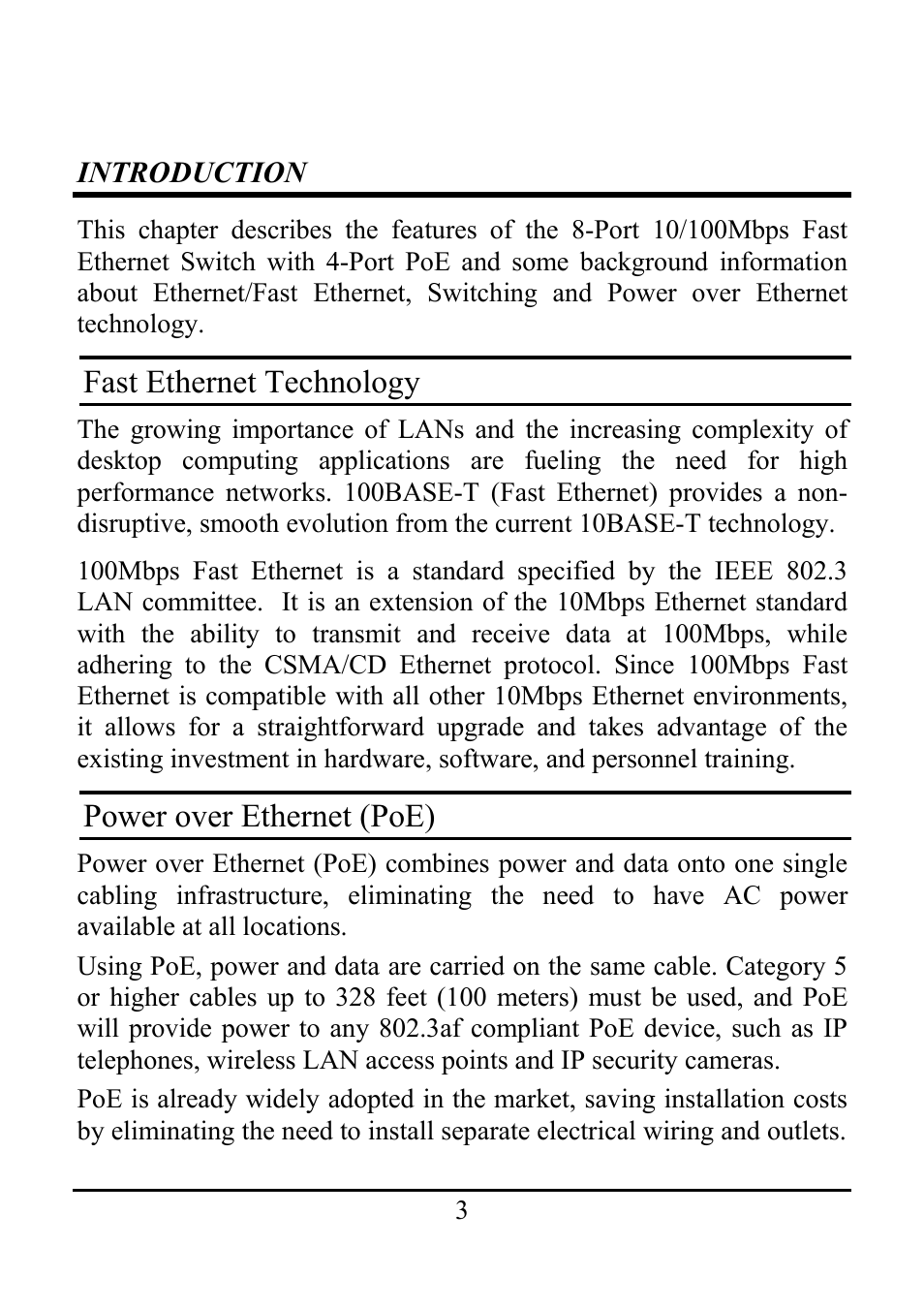 Introduction, Fast ethernet technology, Power over ethernet (poe) | Amer Networks SD4P4 User Manual | Page 7 / 18