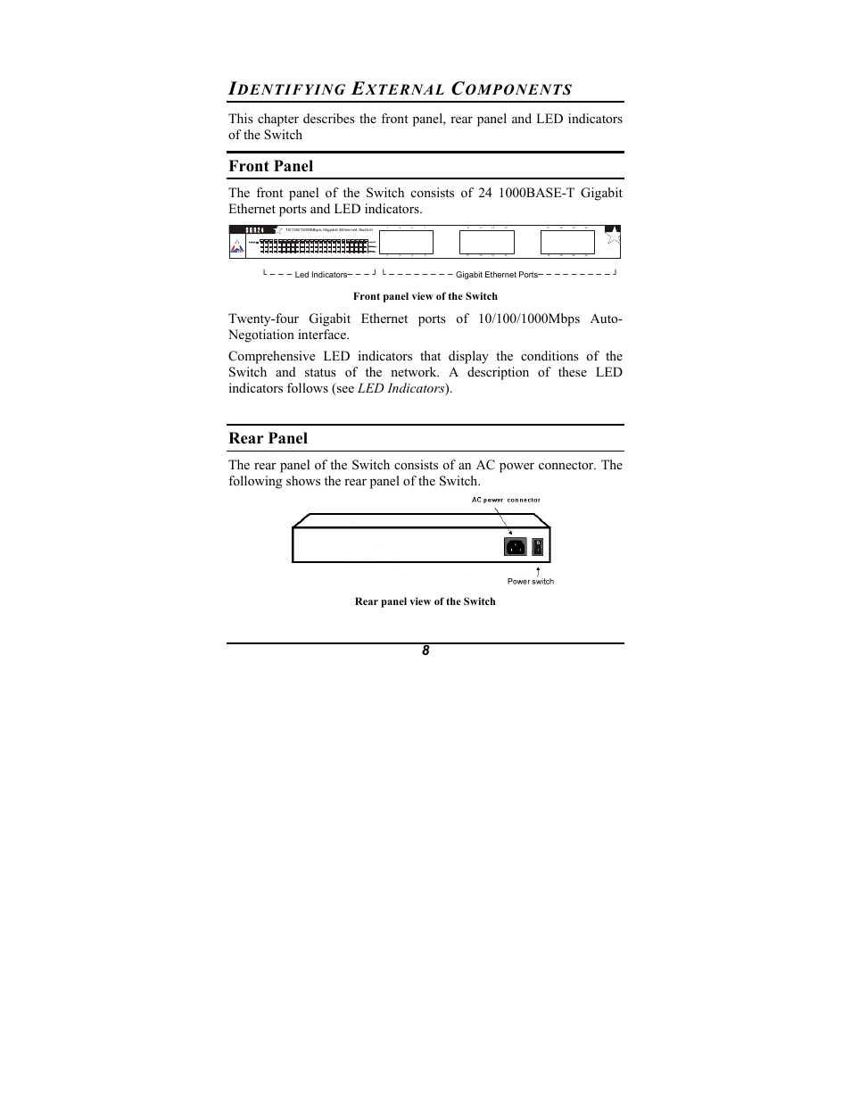 Front panel, Rear panel, Dentifying | Xternal, Omponents, Front panel view of the switch, Rear panel view of the switch | Amer Networks SGR24 User Manual | Page 14 / 21