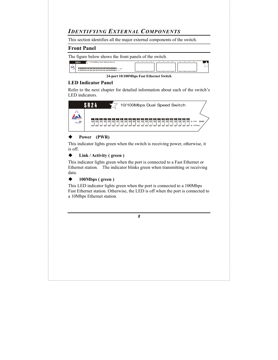 Front panel, Dentifying, Xternal | Omponents, Led indicator panel, Link 100mbps | Amer Networks SR24 User Manual | Page 12 / 17