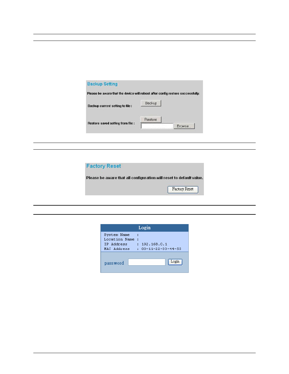 Backup setting, Reset setting, Logout | Amer Networks SRPM12 User Manual | Page 22 / 23