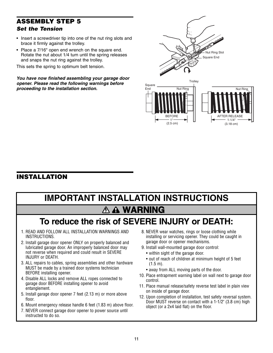Set the tension, Installation, Installation assembly step 5 | Chamberlain WHISPER DRIVE 248739 User Manual | Page 11 / 40