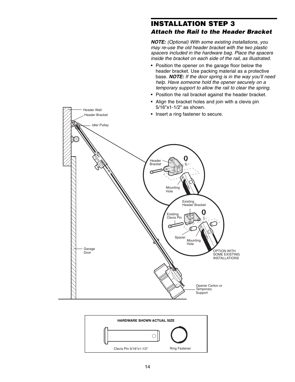 Attach the rail to the header bracket, Installation step 3 | Chamberlain WHISPER DRIVE 248739 User Manual | Page 14 / 40