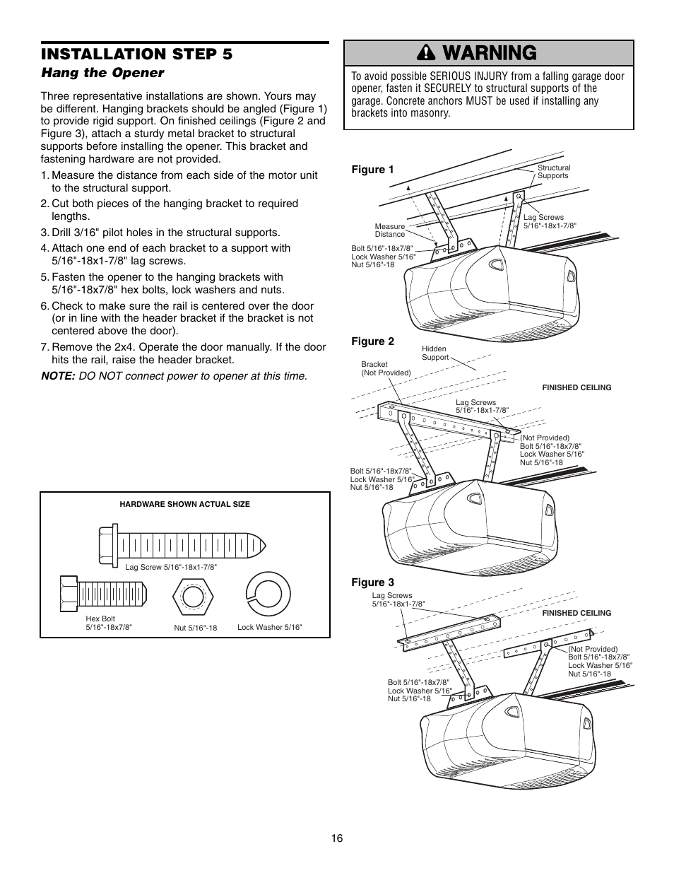 Hang the opener, Warning caution warning warning, Installation step 5 | Chamberlain WHISPER DRIVE 248739 User Manual | Page 16 / 40