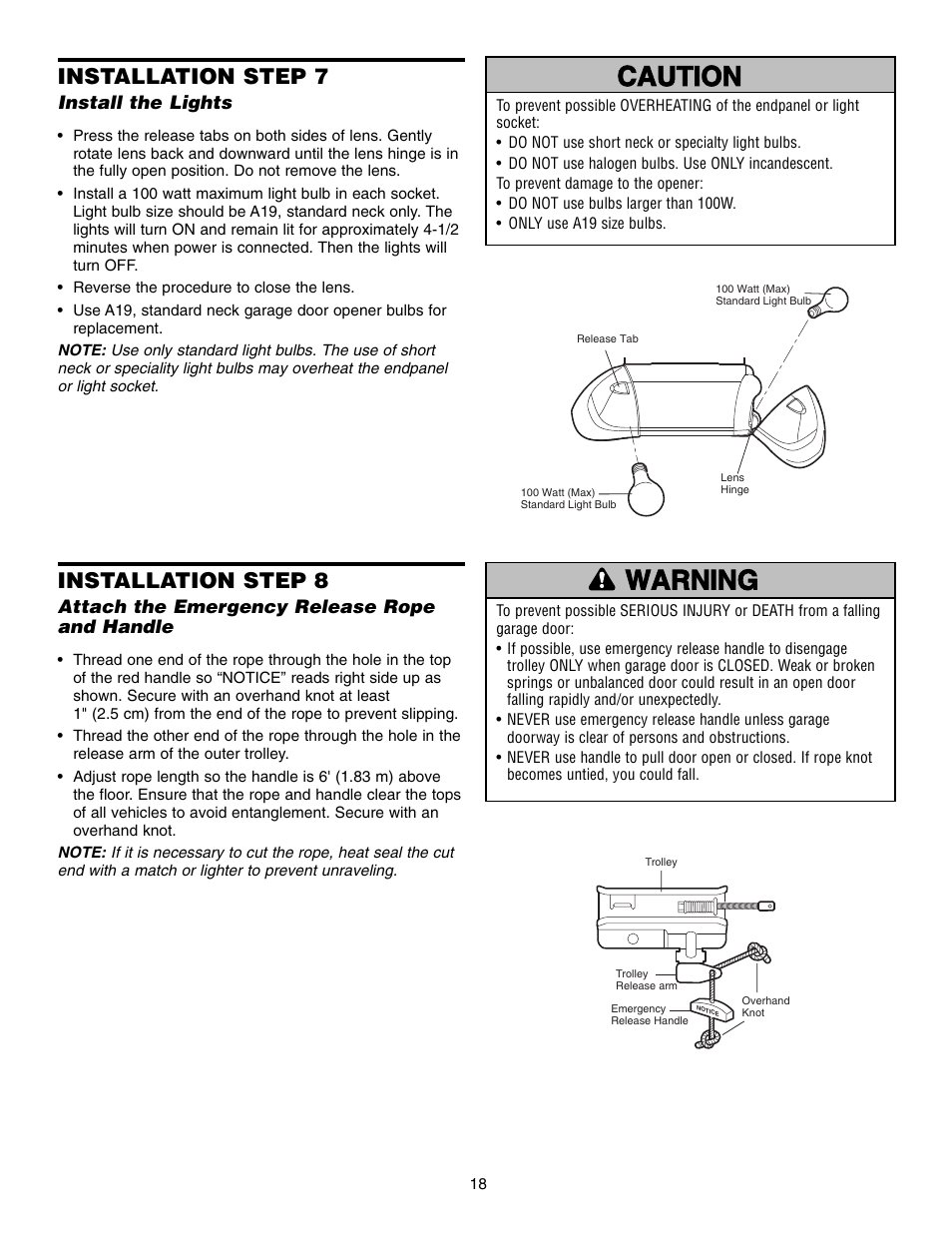 Install the lights, Attach the emergency release rope and handle, Warning caution warning warning | Installation step 7, Installation step 8 | Chamberlain WHISPER DRIVE 248739 User Manual | Page 18 / 40