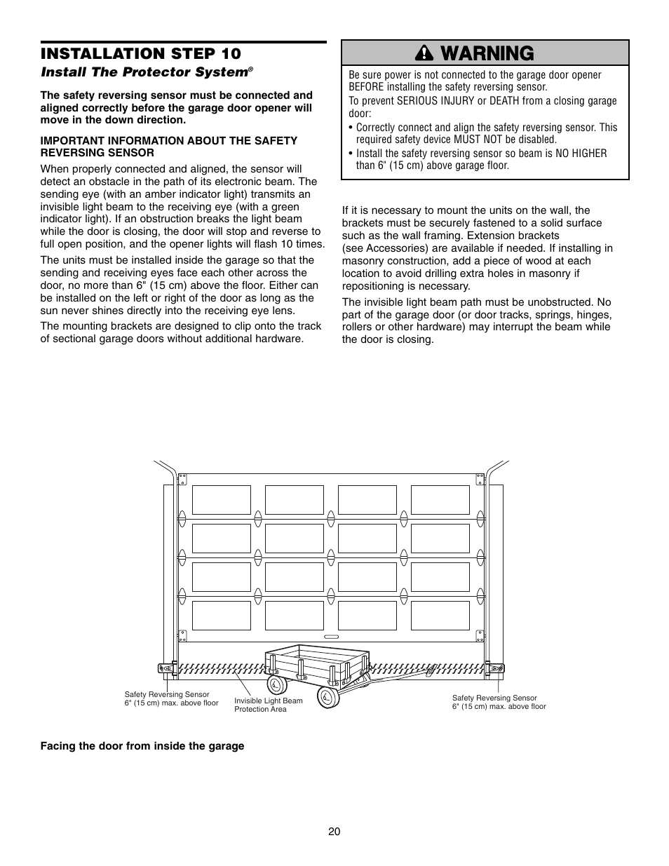 Install the protector system, Warning caution warning warning, Installation step 10 | Chamberlain WHISPER DRIVE 248739 User Manual | Page 20 / 40