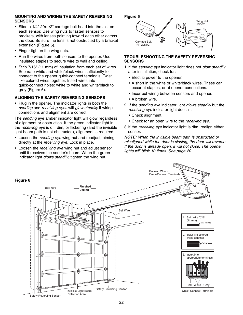 Mounting and wiring the safety reversing sensors, Aligning the safety reversing sensors, Troubleshooting the safety reversing sensors | Chamberlain WHISPER DRIVE 248739 User Manual | Page 22 / 40