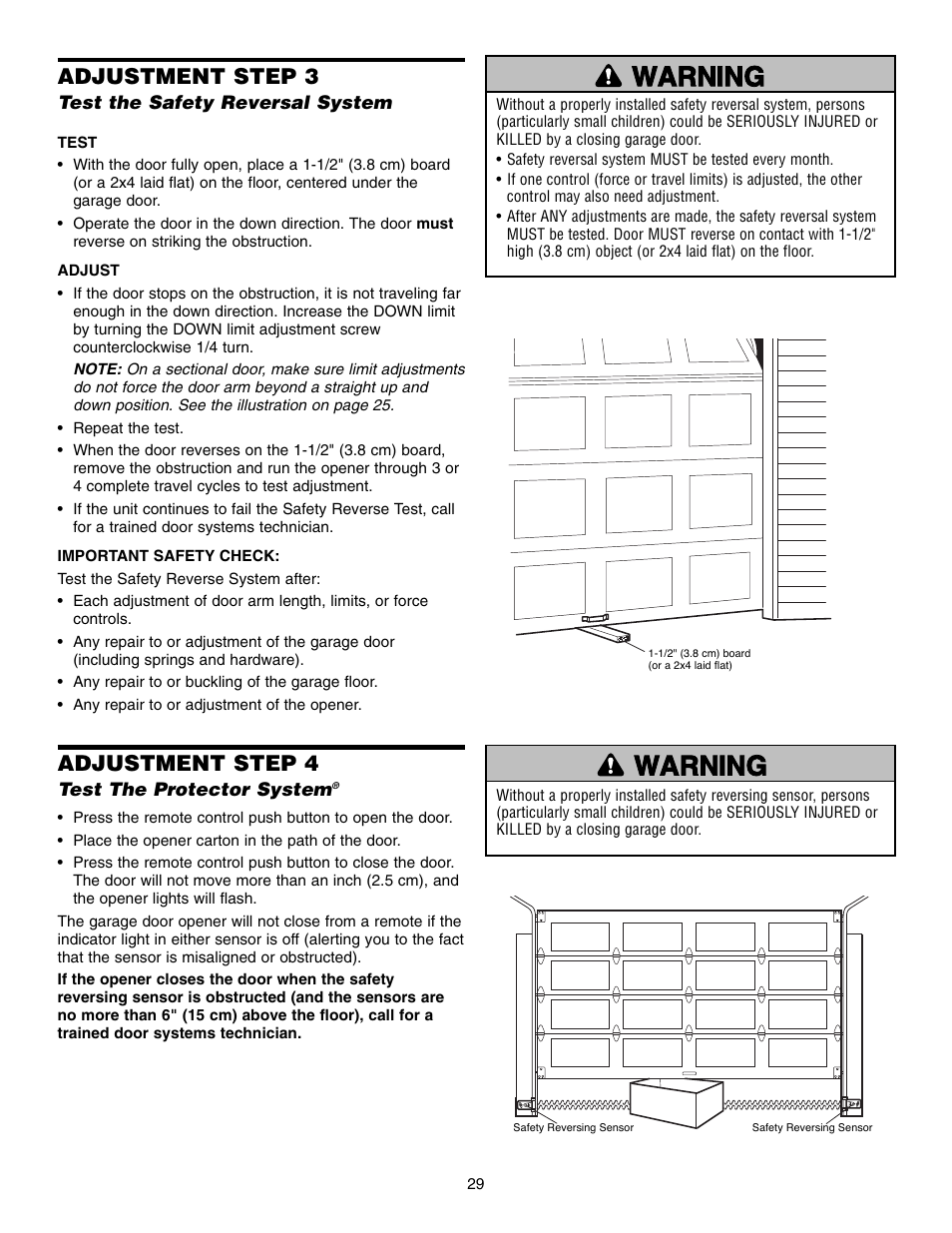 Test the safety reversal system, Test the protector system, Adjustment step 3 | Adjustment step 4 | Chamberlain WHISPER DRIVE 248739 User Manual | Page 29 / 40