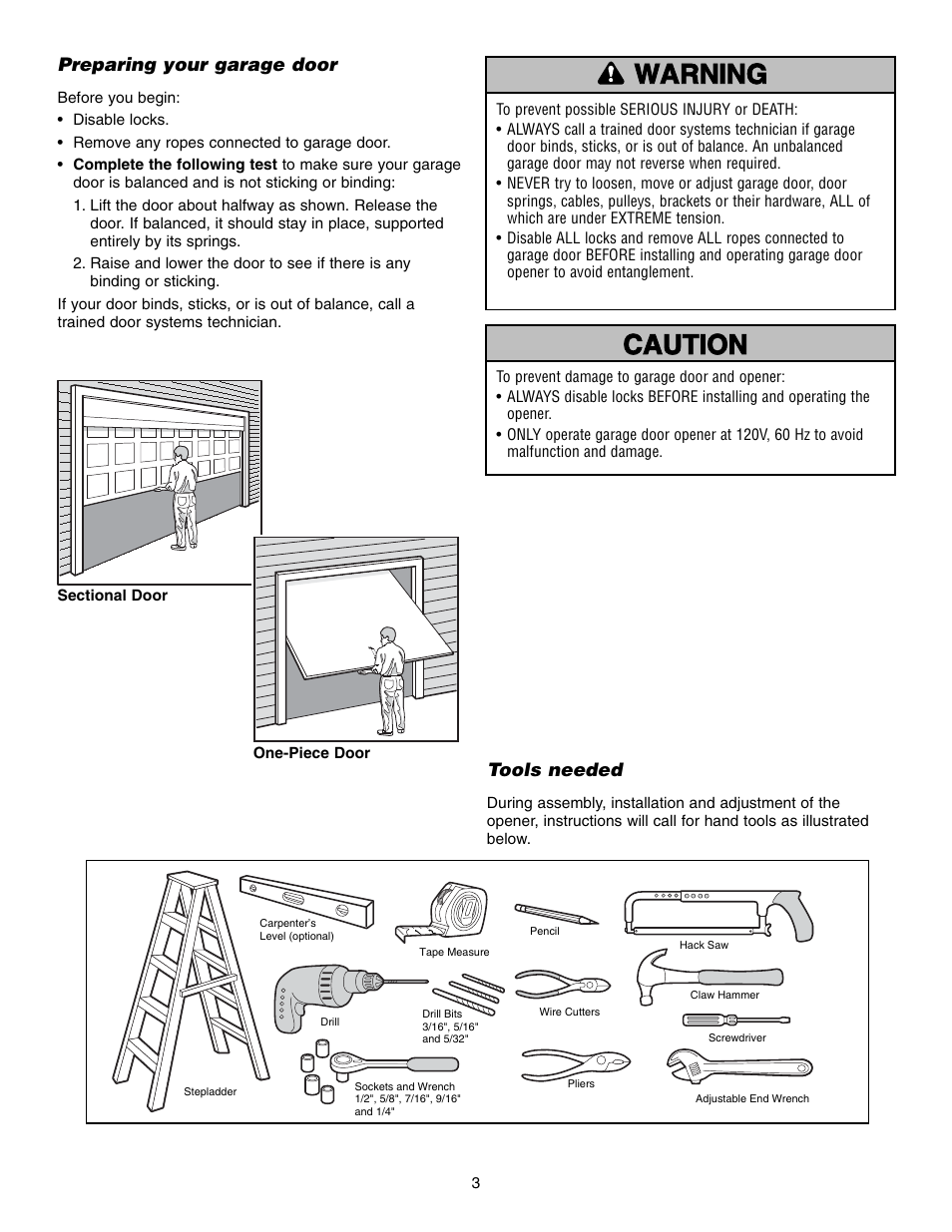 Preparing your garage door, Tools needed | Chamberlain WHISPER DRIVE 248739 User Manual | Page 3 / 40