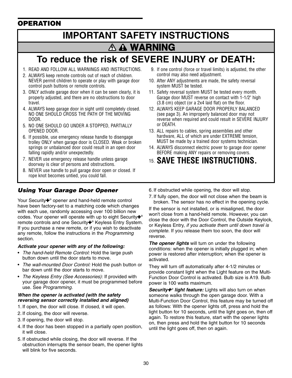 Operation, Using your garage door opener, Save these instructions | Chamberlain WHISPER DRIVE 248739 User Manual | Page 30 / 40