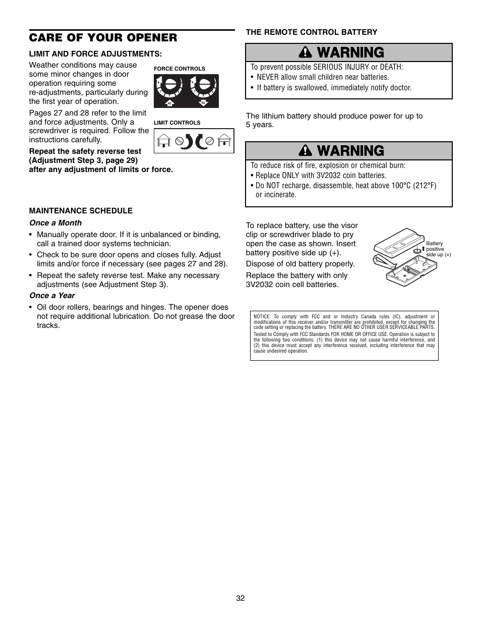 Care of your opener, Warning caution warning warning | Chamberlain WHISPER DRIVE 248739 User Manual | Page 32 / 40
