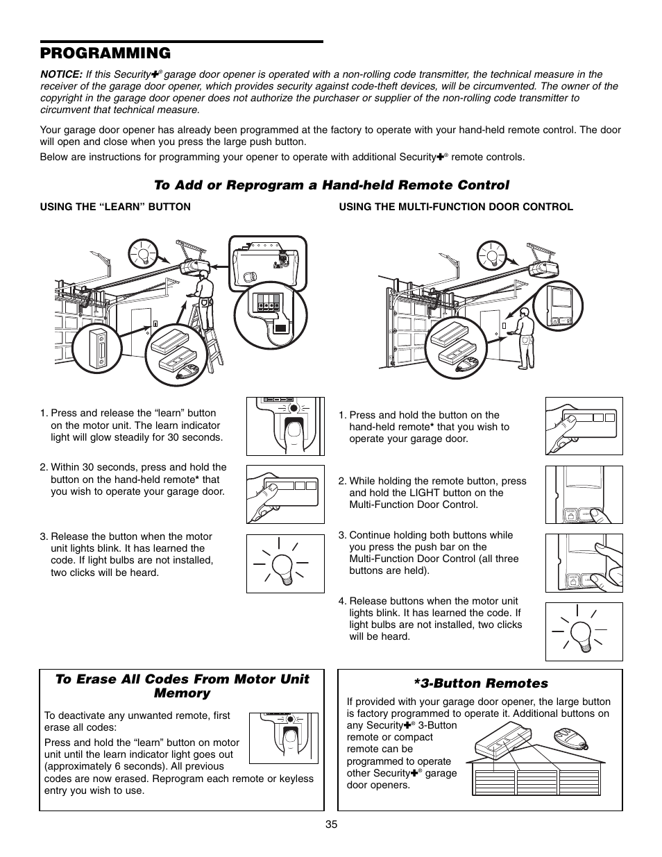 Programming, To add or reprogram a hand-held remote control, To erase all codes from motor unit memory | Button remotes | Chamberlain WHISPER DRIVE 248739 User Manual | Page 35 / 40