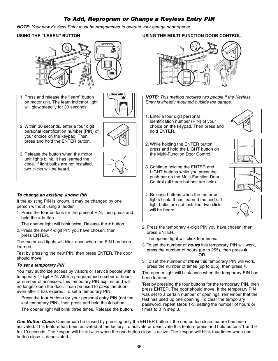 To add, reprogram or change a keyless entry pin | Chamberlain WHISPER DRIVE 248739 User Manual | Page 36 / 40
