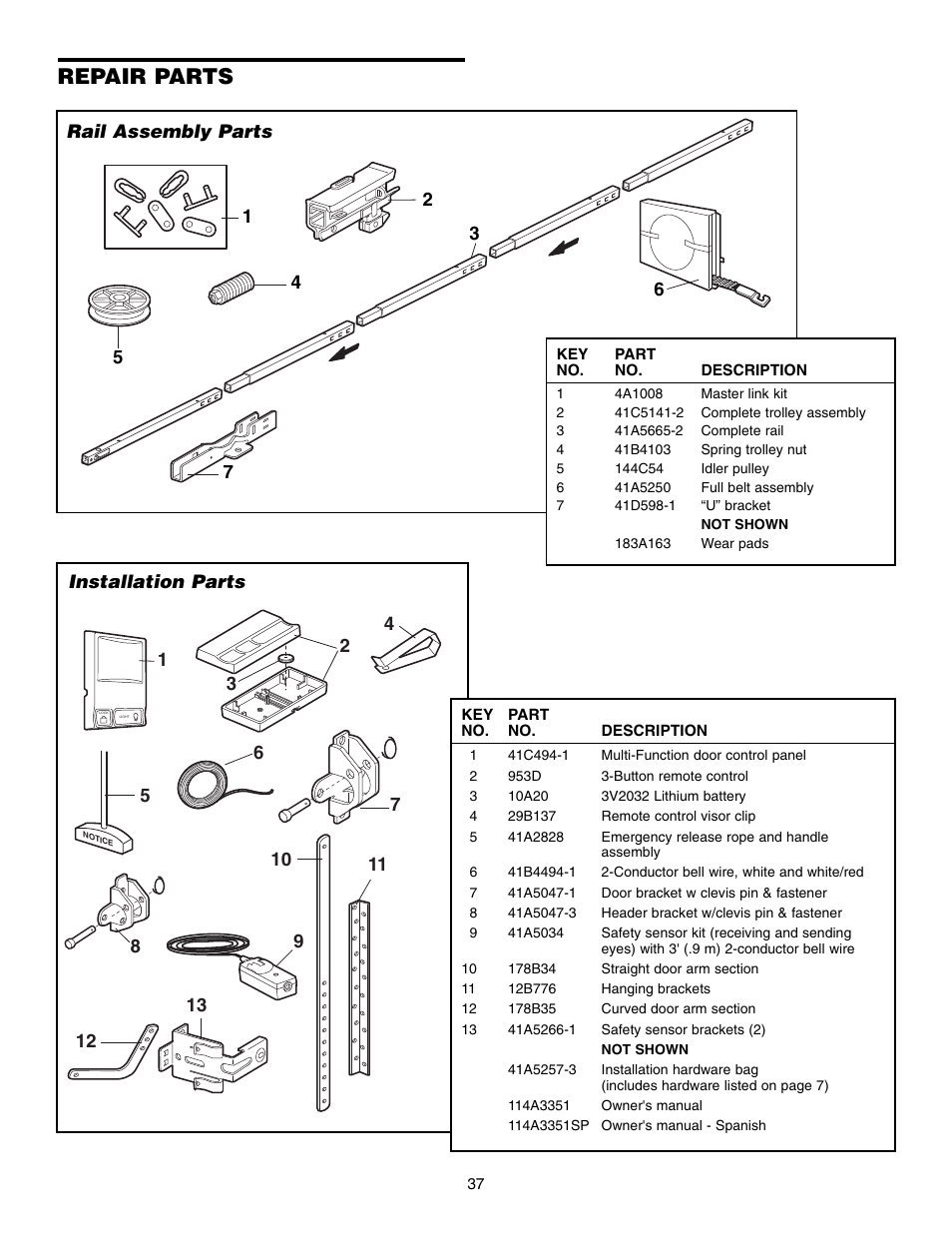 Repair parts, Rail assembly parts, Installation parts | Chamberlain WHISPER DRIVE 248739 User Manual | Page 37 / 40
