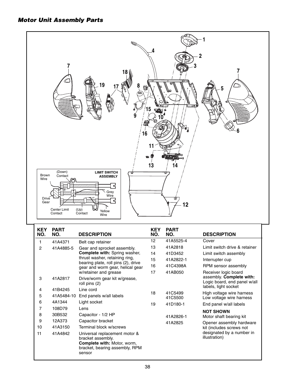 Motor unit assembly parts | Chamberlain WHISPER DRIVE 248739 User Manual | Page 38 / 40