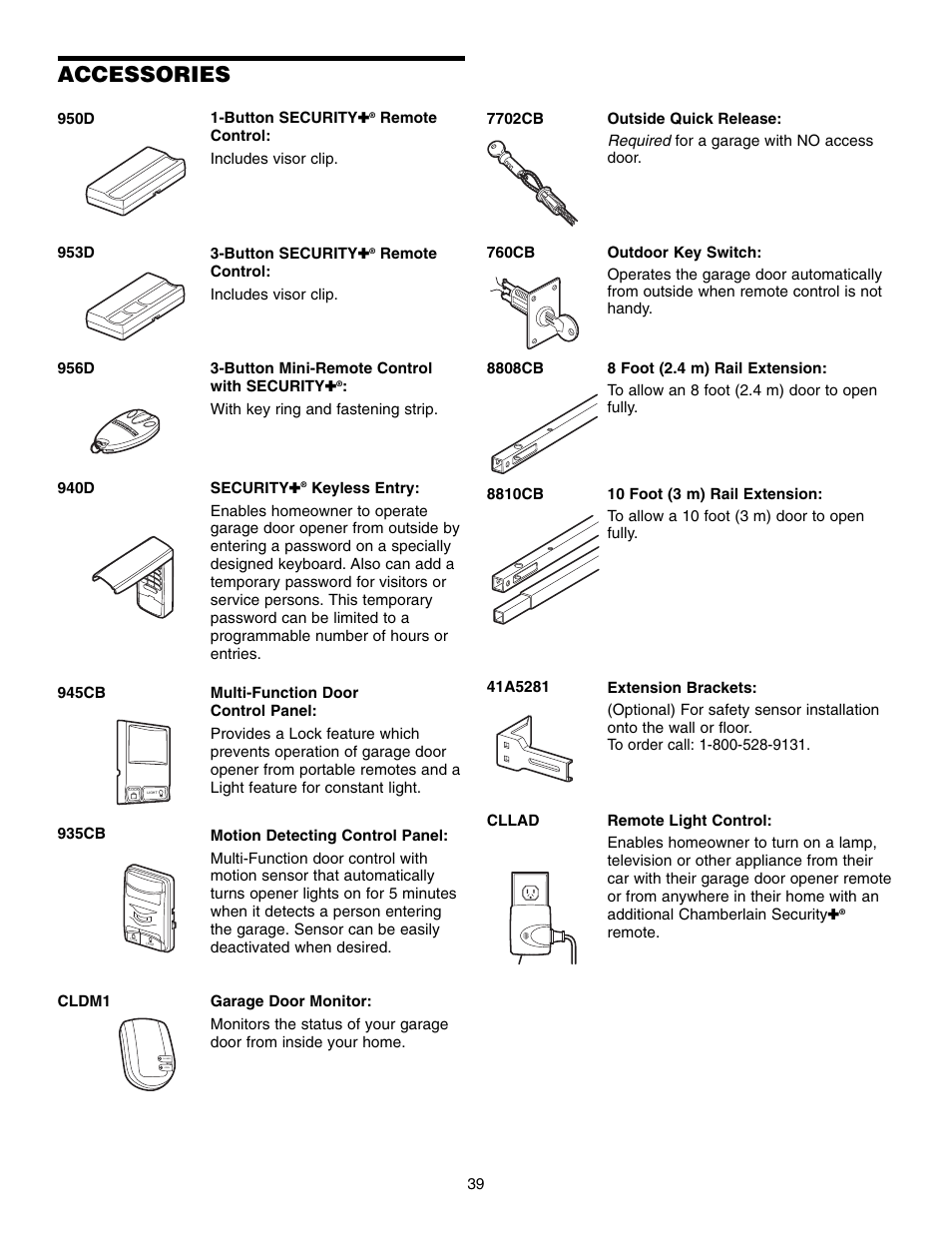 Accessories | Chamberlain WHISPER DRIVE 248739 User Manual | Page 39 / 40