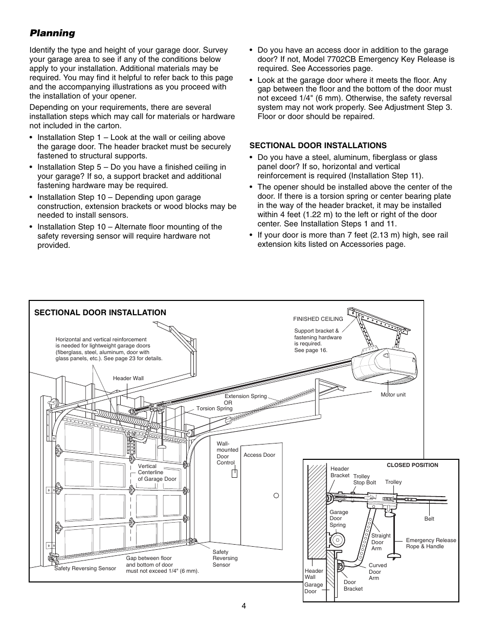 Planning, Sectional door installations | Chamberlain WHISPER DRIVE 248739 User Manual | Page 4 / 40