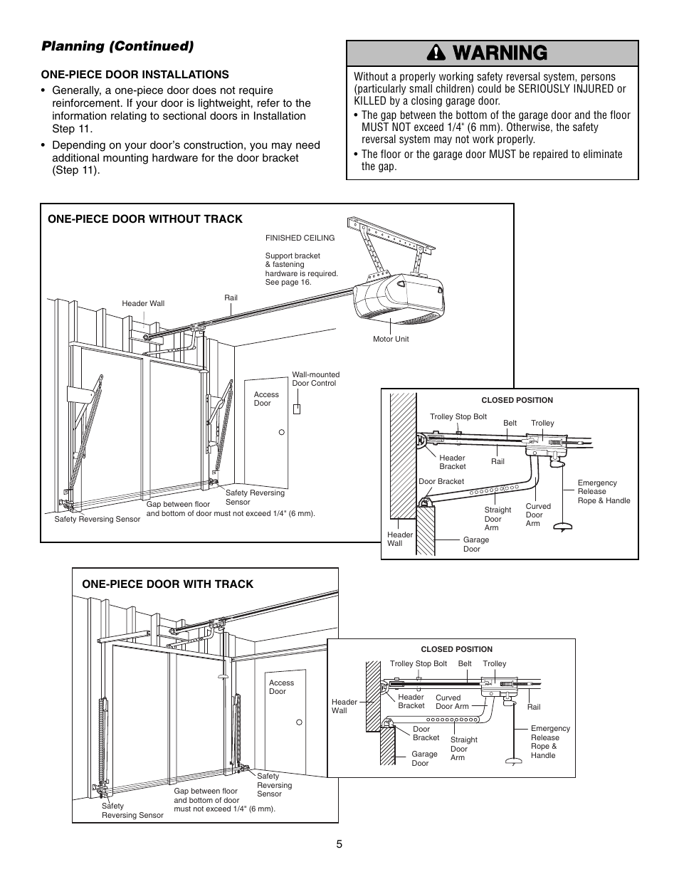One-piece door installations, Warning caution warning warning, Planning (continued) | Chamberlain WHISPER DRIVE 248739 User Manual | Page 5 / 40
