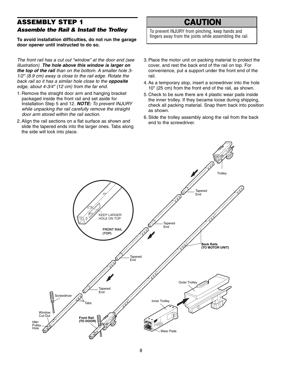 Assembly, Assemble the rail & install the trolley, Warning caution warning warning | Assembly step 1 | Chamberlain WHISPER DRIVE 248739 User Manual | Page 8 / 40