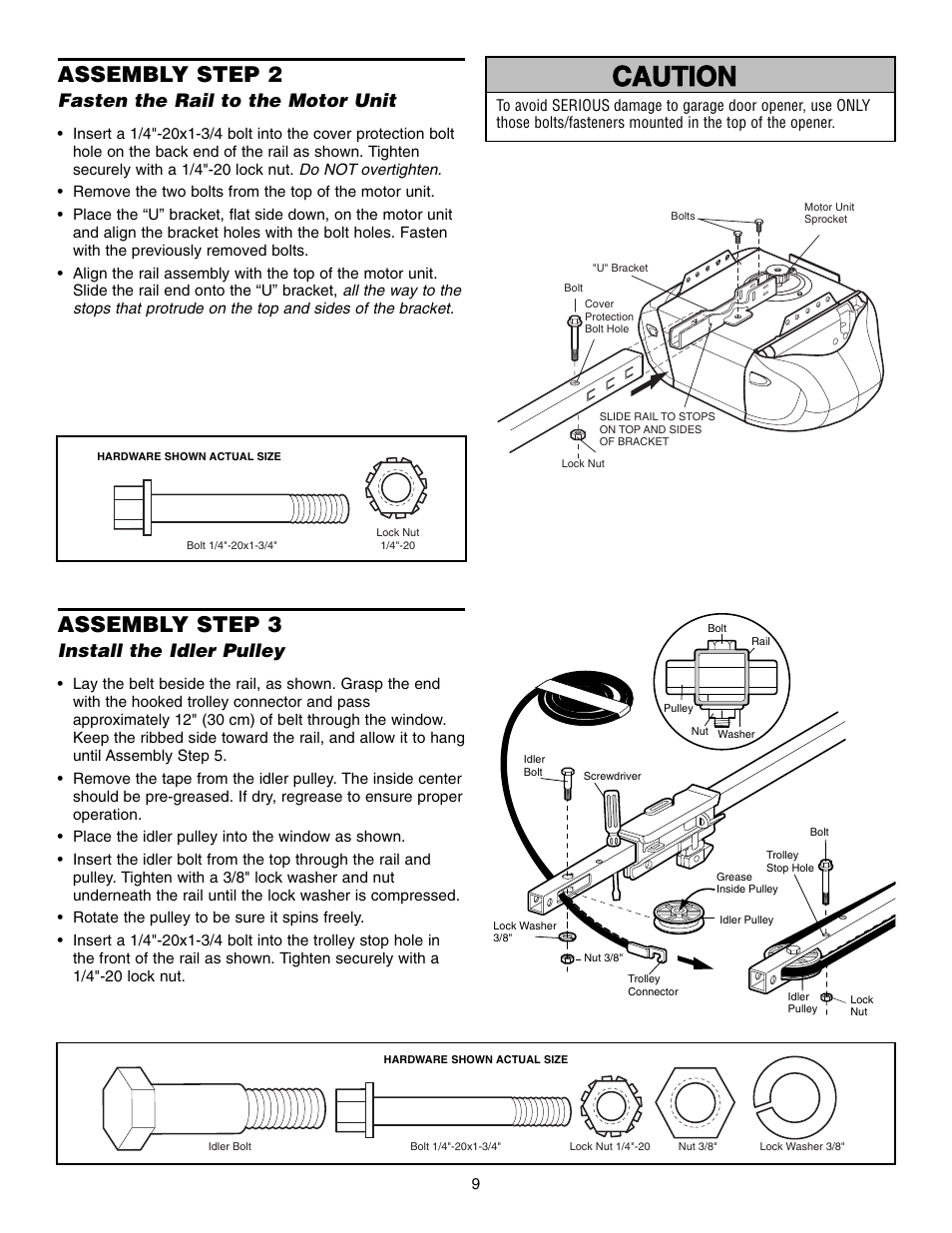 Fasten the rail to the motor unit, Install the idler pulley, Warning caution warning warning | Assembly step 2, Assembly step 3 | Chamberlain WHISPER DRIVE 248739 User Manual | Page 9 / 40