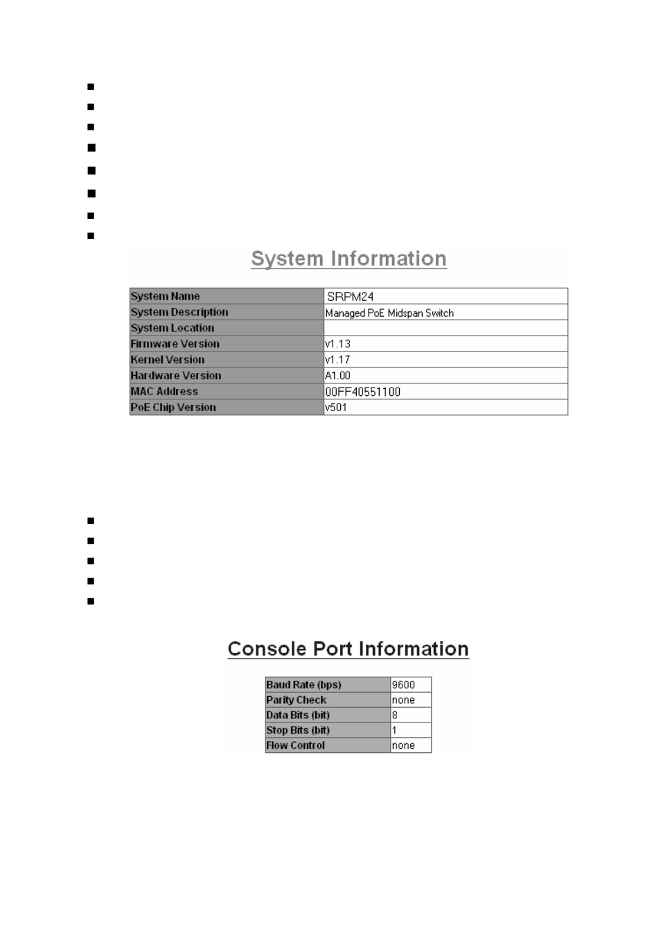 Console port information, System ip configuration | Amer Networks SRPM24 User Manual | Page 25 / 48