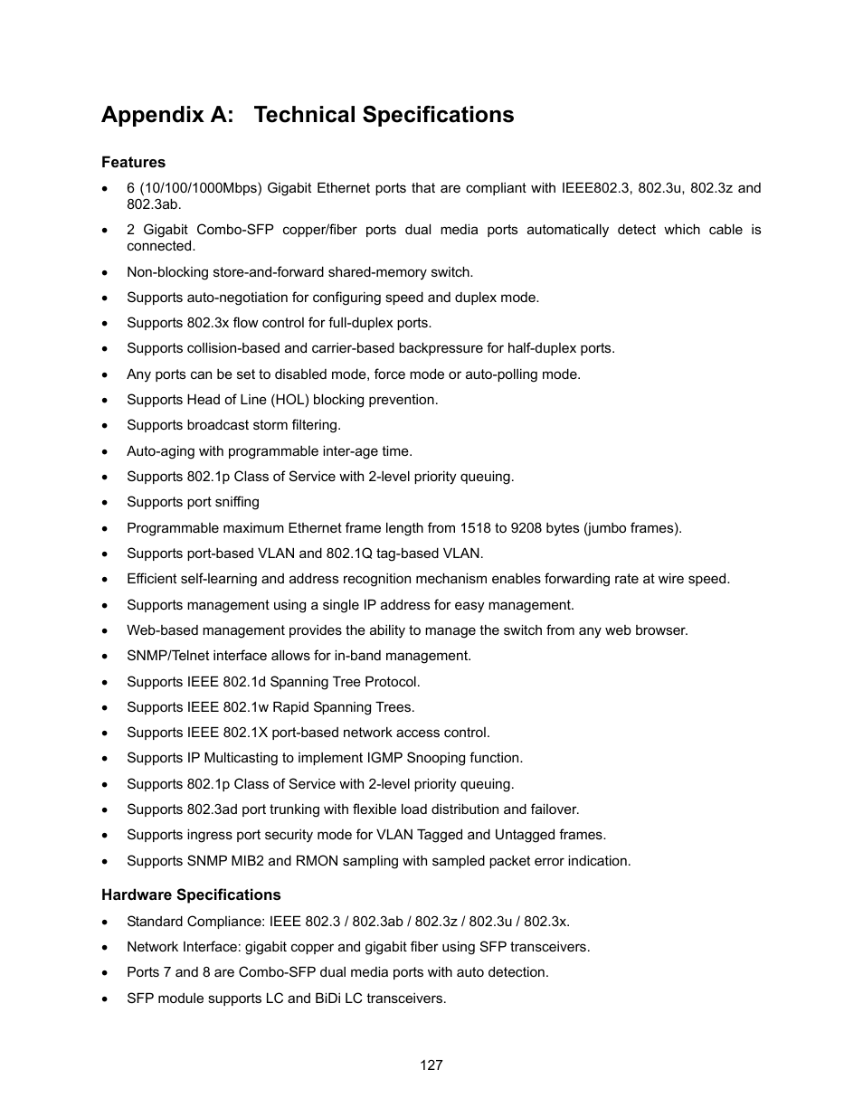 Appendix a, Technical specifications, Appendix a: technical specifications | Amer Networks SS2GD8I User Manual | Page 133 / 134