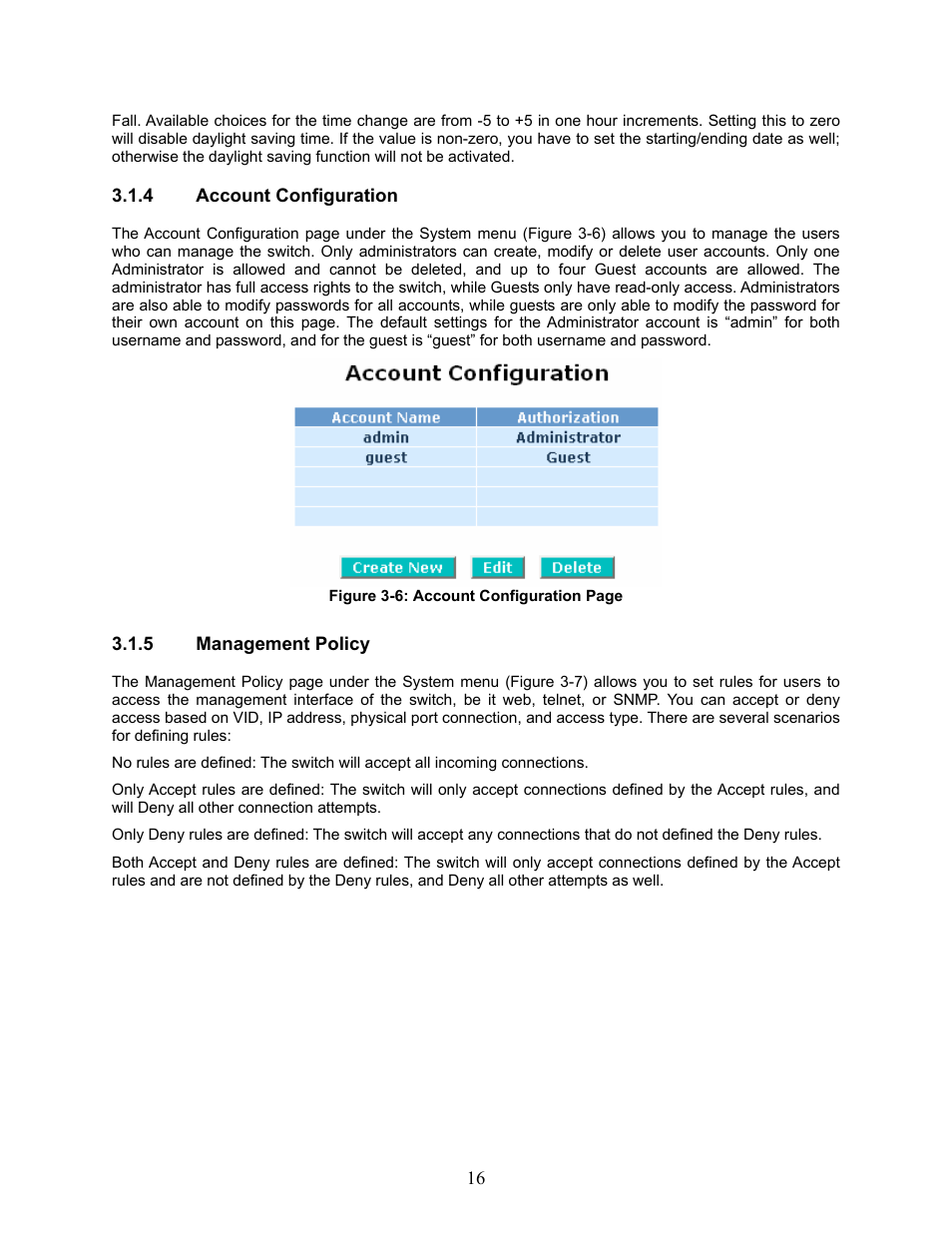 Account configuration, Management policy | Amer Networks SS2GD8I User Manual | Page 22 / 134