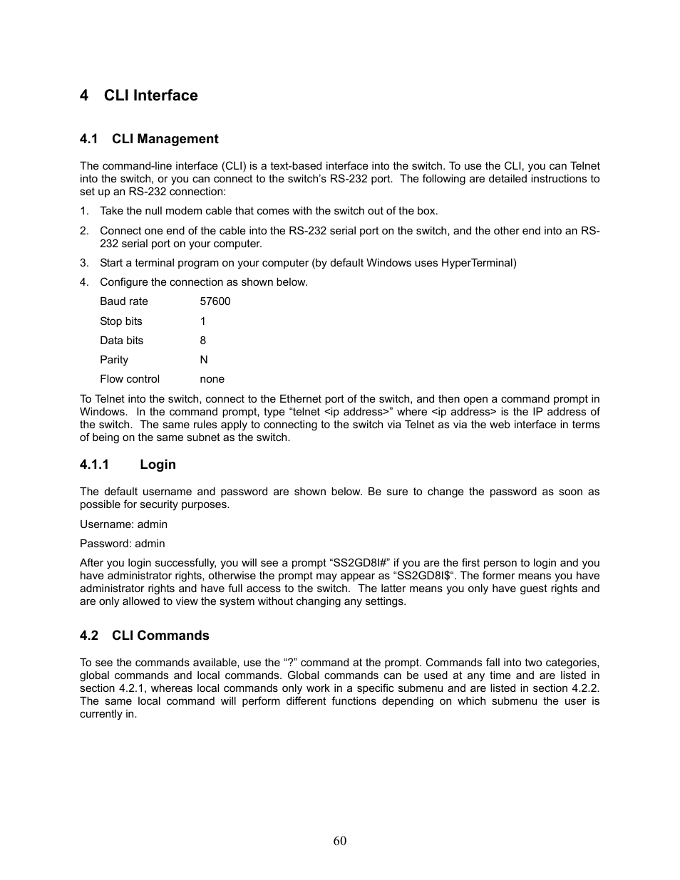 Cli interface, Anagement, Login | Ommands, 4 cli interface | Amer Networks SS2GD8I User Manual | Page 66 / 134