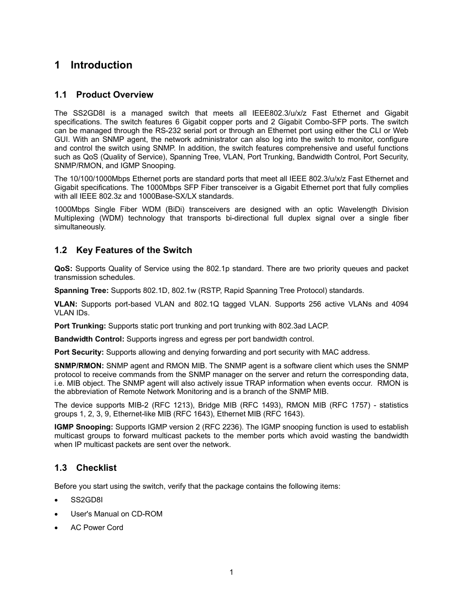 Introduction, Roduct, Verview | Eatures of the, Witch, Hecklist, 1 introduction | Amer Networks SS2GD8I User Manual | Page 7 / 134