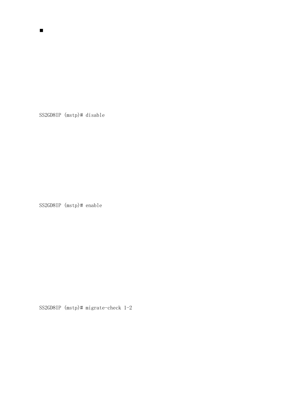 Disable, Enable, Migrate-check <port-range | Set config <max age><forward delay><max hops, Mstp | Amer Networks SS2GD8IP User Manual | Page 284 / 347