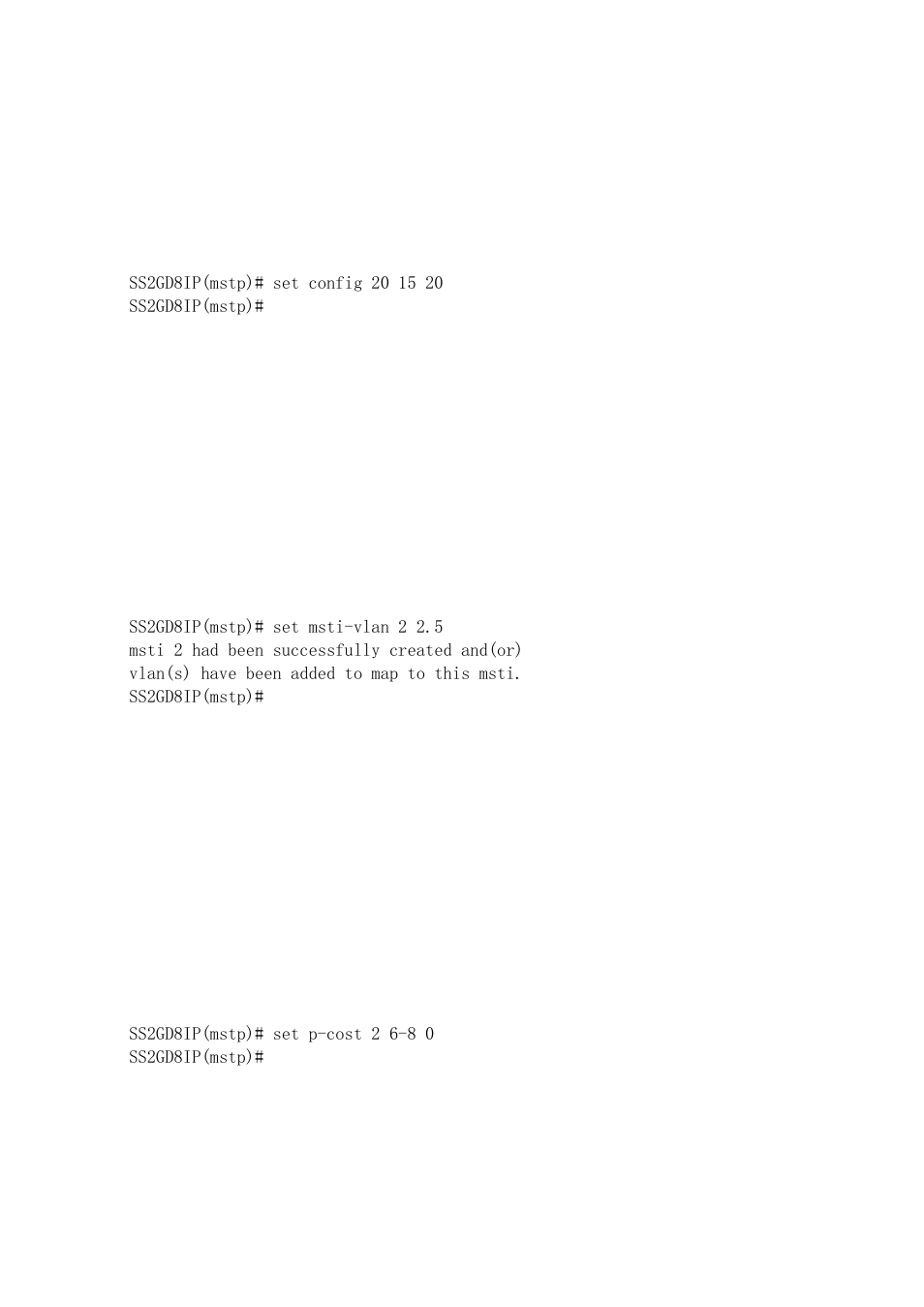 Set msti-vlan <instance-id><vid-string, Set p-cost <instance_id> <port range> <path cost, Set p-edge <port range> <admin edge | Amer Networks SS2GD8IP User Manual | Page 285 / 347