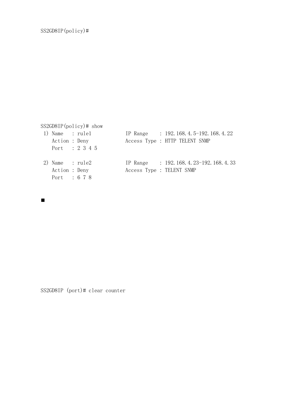 Show, Clear counter, Set description <port-range> <description | Port | Amer Networks SS2GD8IP User Manual | Page 303 / 347