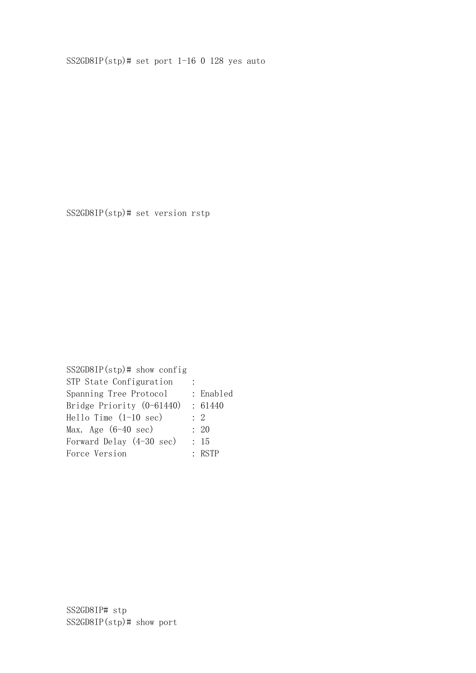 Set version <stp|rstp, Show config, Show port | Amer Networks SS2GD8IP User Manual | Page 324 / 347