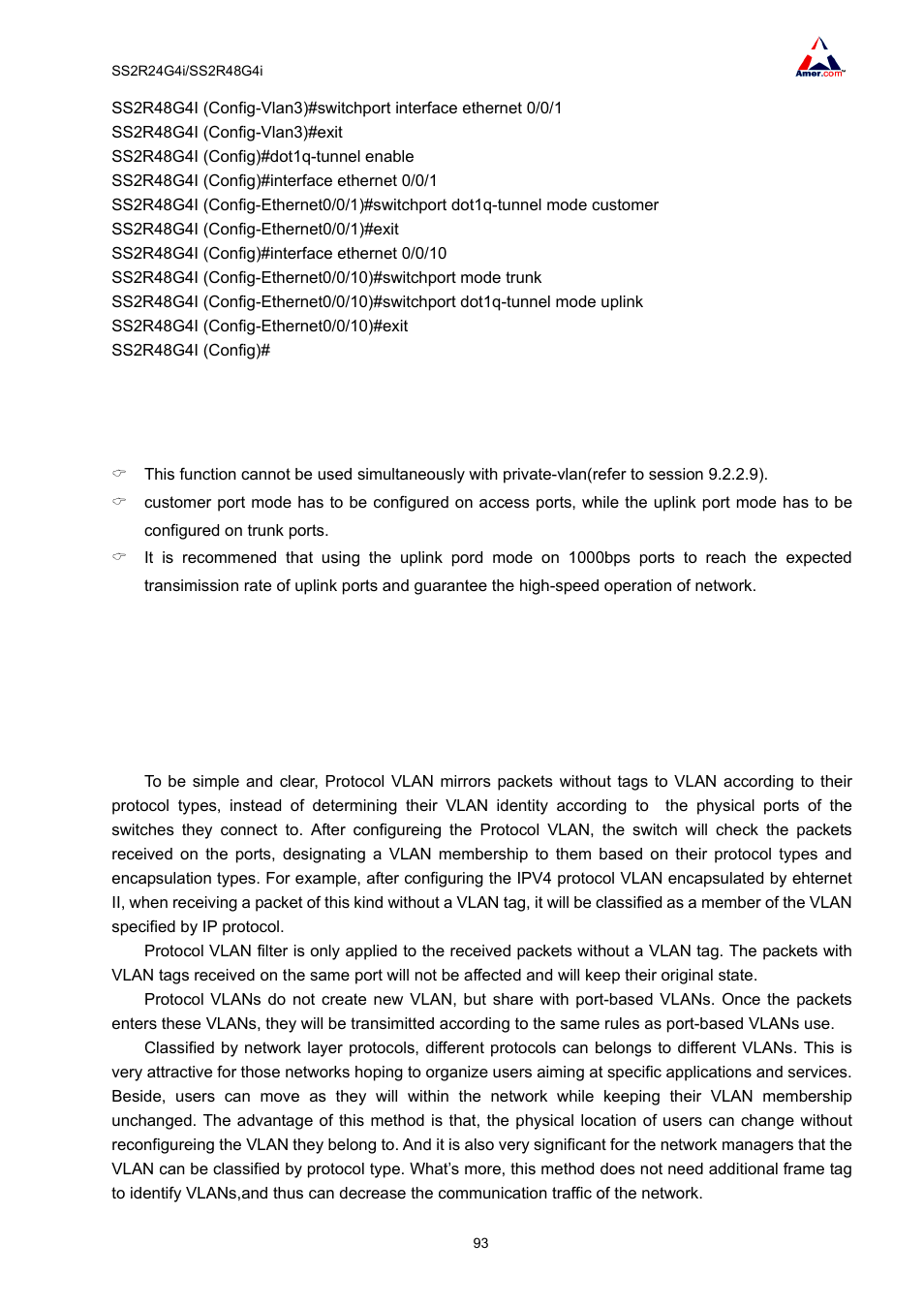 4 dot1q-tunnel troubleshooting, 4 protocol vlan configuration, 1 protocol vlan introduction | Amer Networks SS2R48G4i V2 User Manual | Page 104 / 198