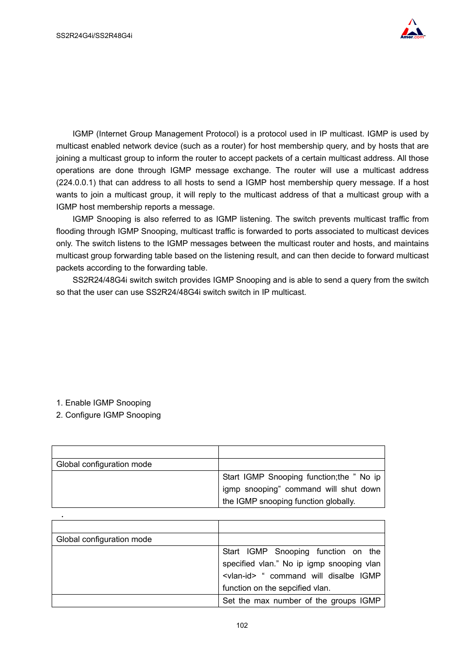 Chapter 11 igmp snooping, 1 introduction to igmp snooping, 2 igmp snooping configuration | 1 igmp snooping configuration task | Amer Networks SS2R48G4i V2 User Manual | Page 113 / 198