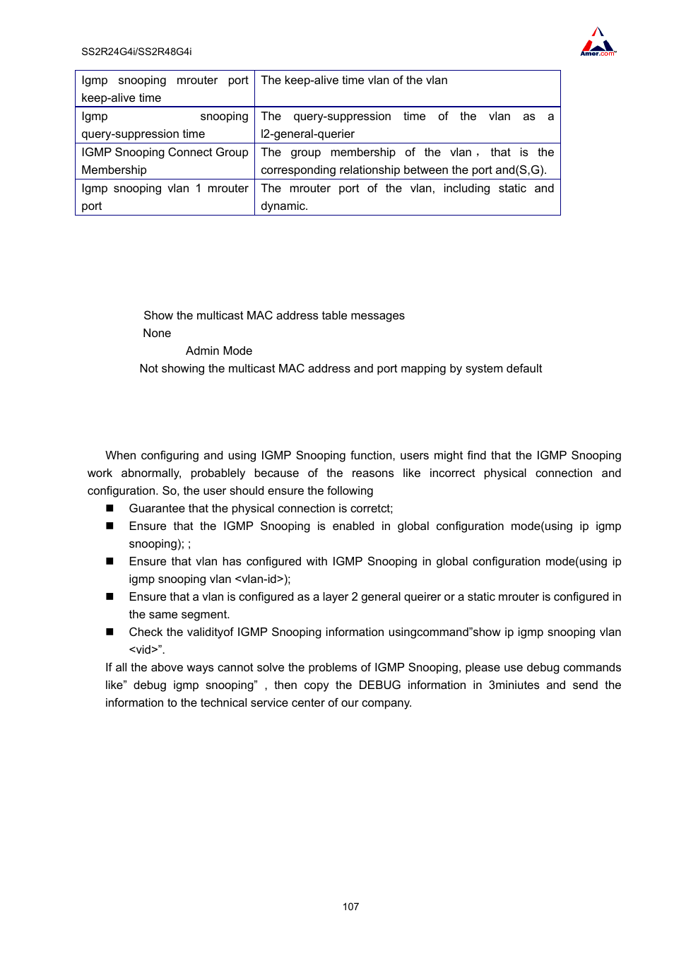 3 show mac-address-table multicast, 2 igmp snooping troubleshooting | Amer Networks SS2R48G4i V2 User Manual | Page 118 / 198