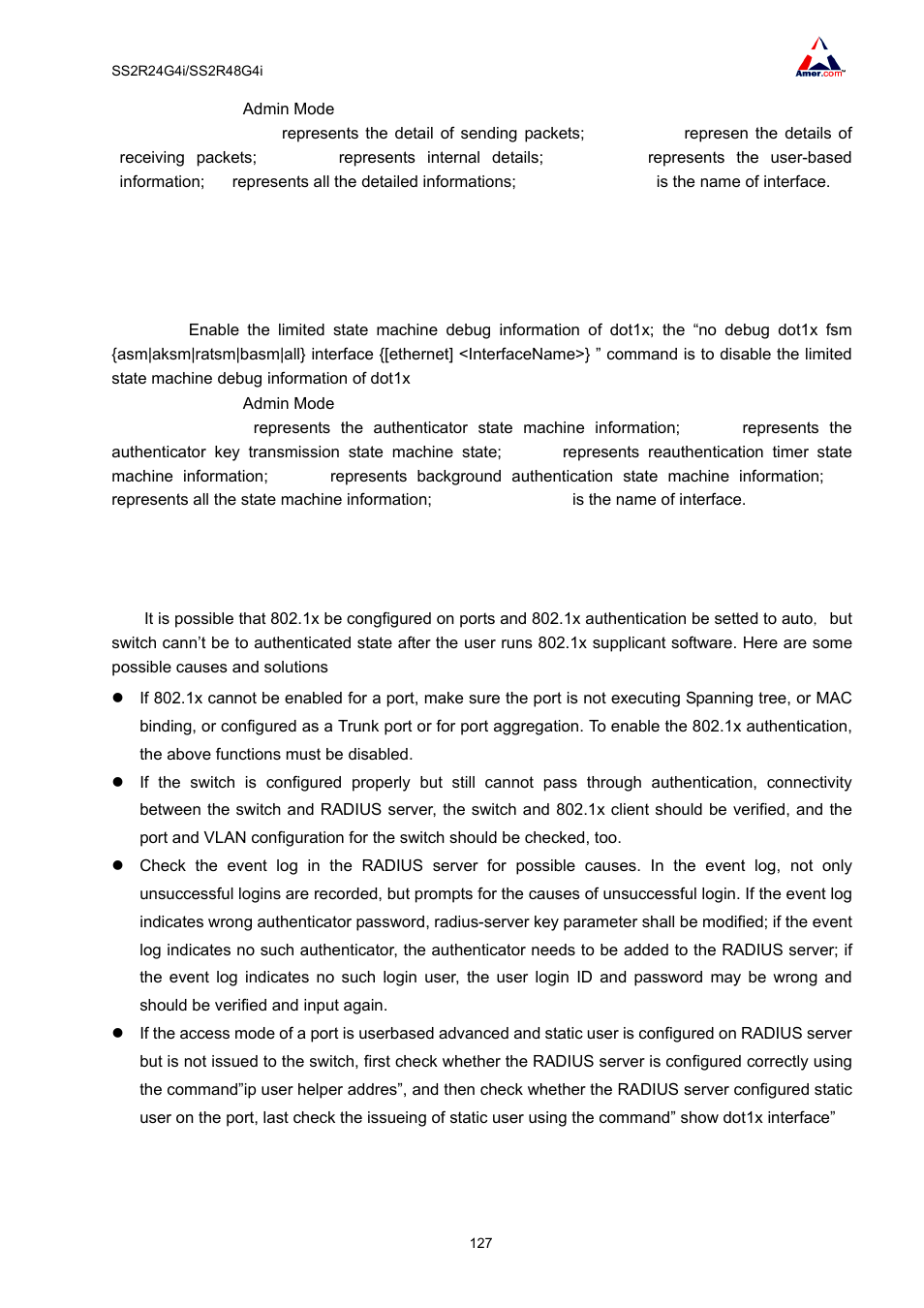 12 debug dot1x fsm, 2 802.1x troubleshooting | Amer Networks SS2R48G4i V2 User Manual | Page 138 / 198
