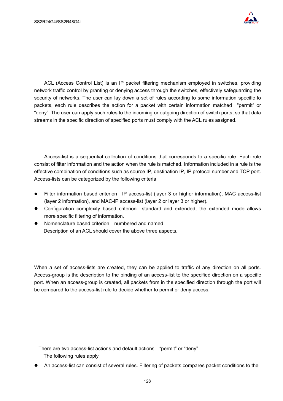 Chapter 15 acl configuration, 1 introduction to acl, 2 access-list | 1 access-group, 2 access-list action and global default action | Amer Networks SS2R48G4i V2 User Manual | Page 139 / 198