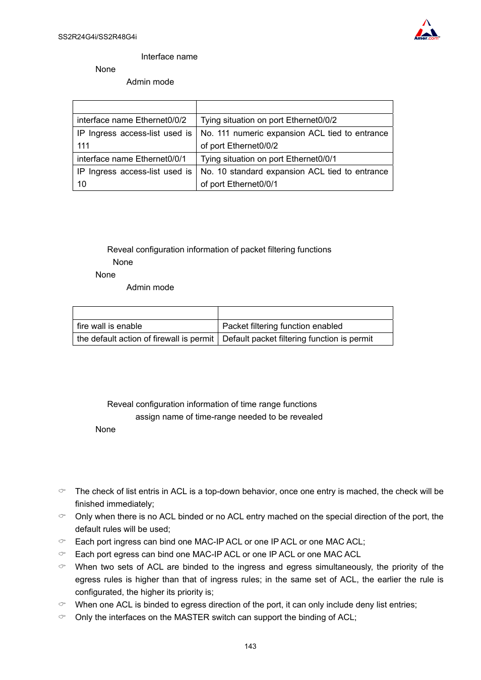 3 show firewall, 4 show time-range, 2 acl troubleshooting | Amer Networks SS2R48G4i V2 User Manual | Page 154 / 198