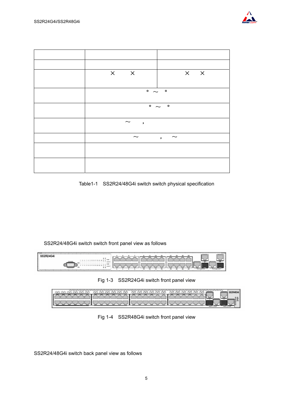 3 physical specifications, 4 product appearance, 1 product front panel view | 2 product back panel view | Amer Networks SS2R48G4i V2 User Manual | Page 16 / 198