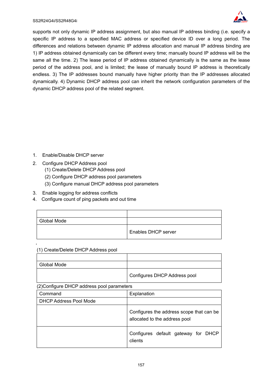 2 dhcp server configuration, 1 dhcp sever configuration task list | Amer Networks SS2R48G4i V2 User Manual | Page 168 / 198