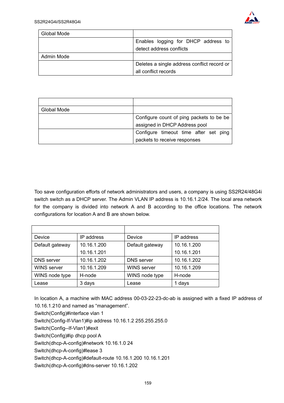 2 dhcp server configuration commands example | Amer Networks SS2R48G4i V2 User Manual | Page 170 / 198