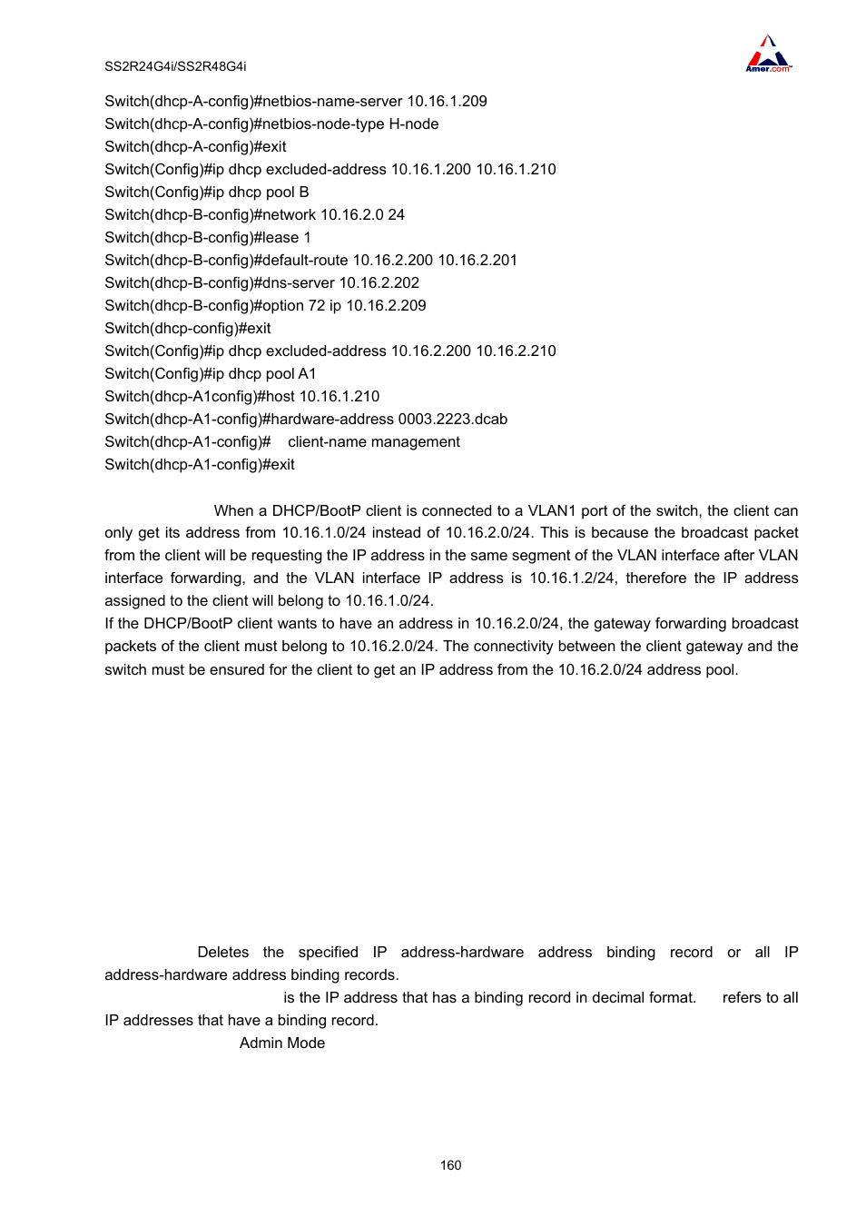 3 dhcp troubleshooting, 1 monitor and debug commands, 1 clear ip dhcp binding | 2 clear ip dhcp conflict | Amer Networks SS2R48G4i V2 User Manual | Page 171 / 198