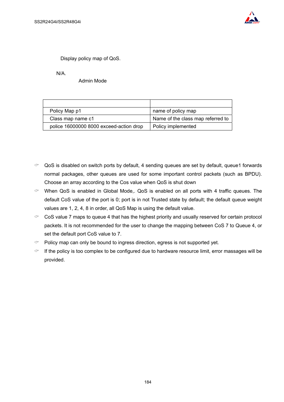 6 show policy-map, 2 qos troubleshooting | Amer Networks SS2R48G4i V2 User Manual | Page 195 / 198