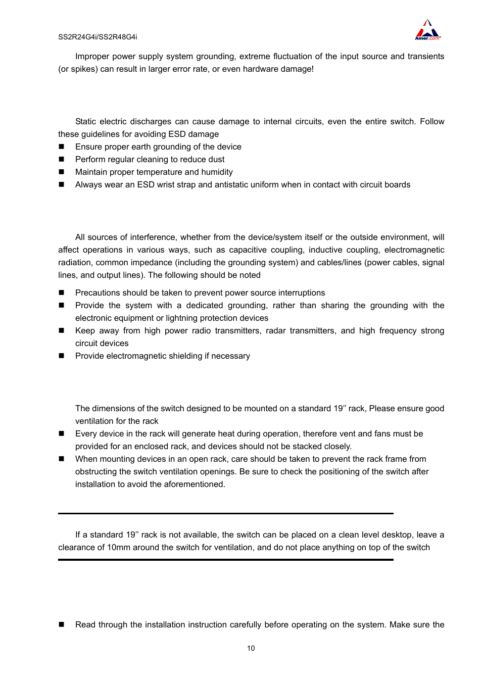 4 preventing electrostatic discharge damage, 5 anti-interference, 6 rack configuration | 2 installation notice | Amer Networks SS2R48G4i V2 User Manual | Page 21 / 198