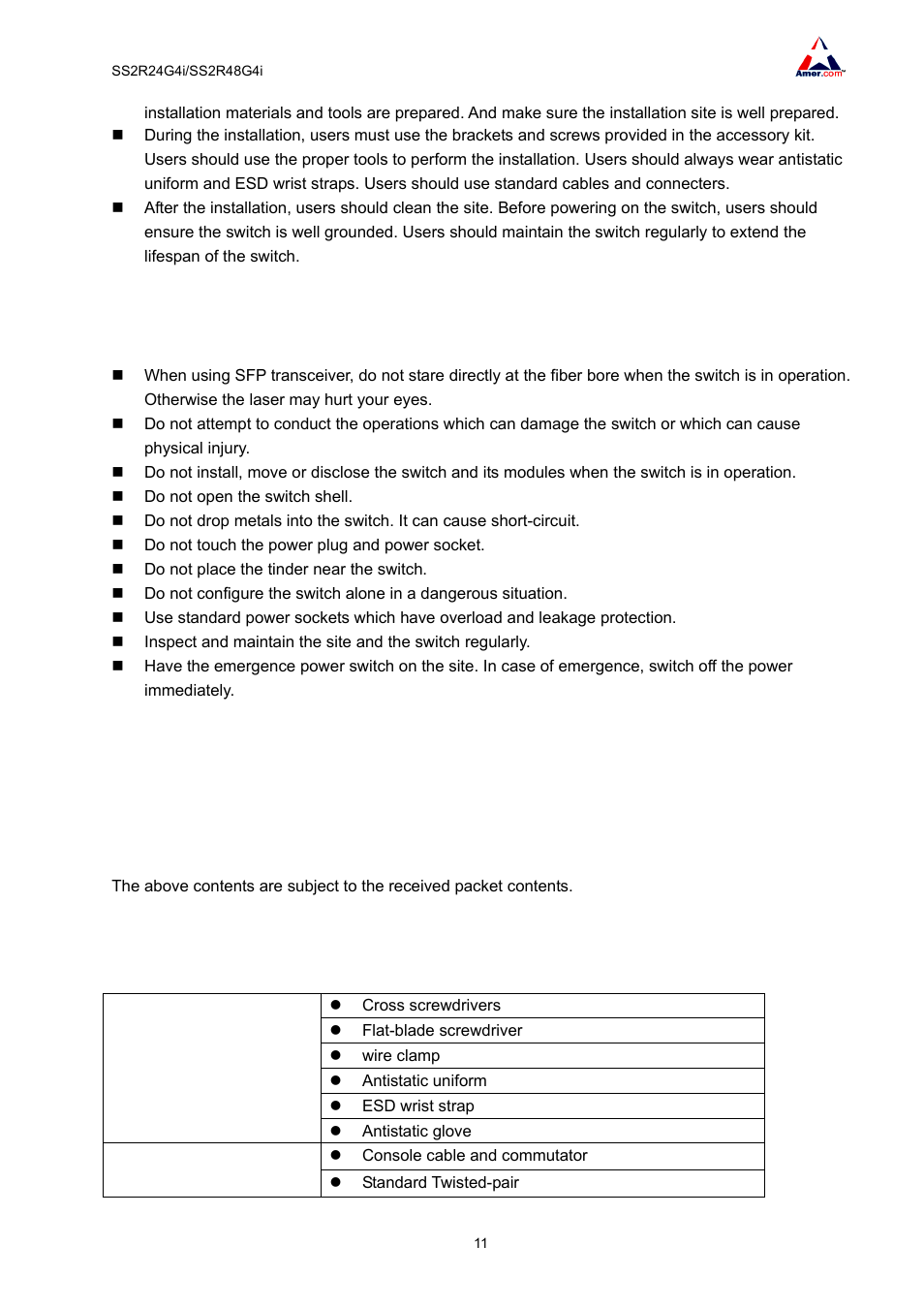 3 security warnings, 2 installation preparation, 1 verify the packet contents | 2 required tools and utilities | Amer Networks SS2R48G4i V2 User Manual | Page 22 / 198