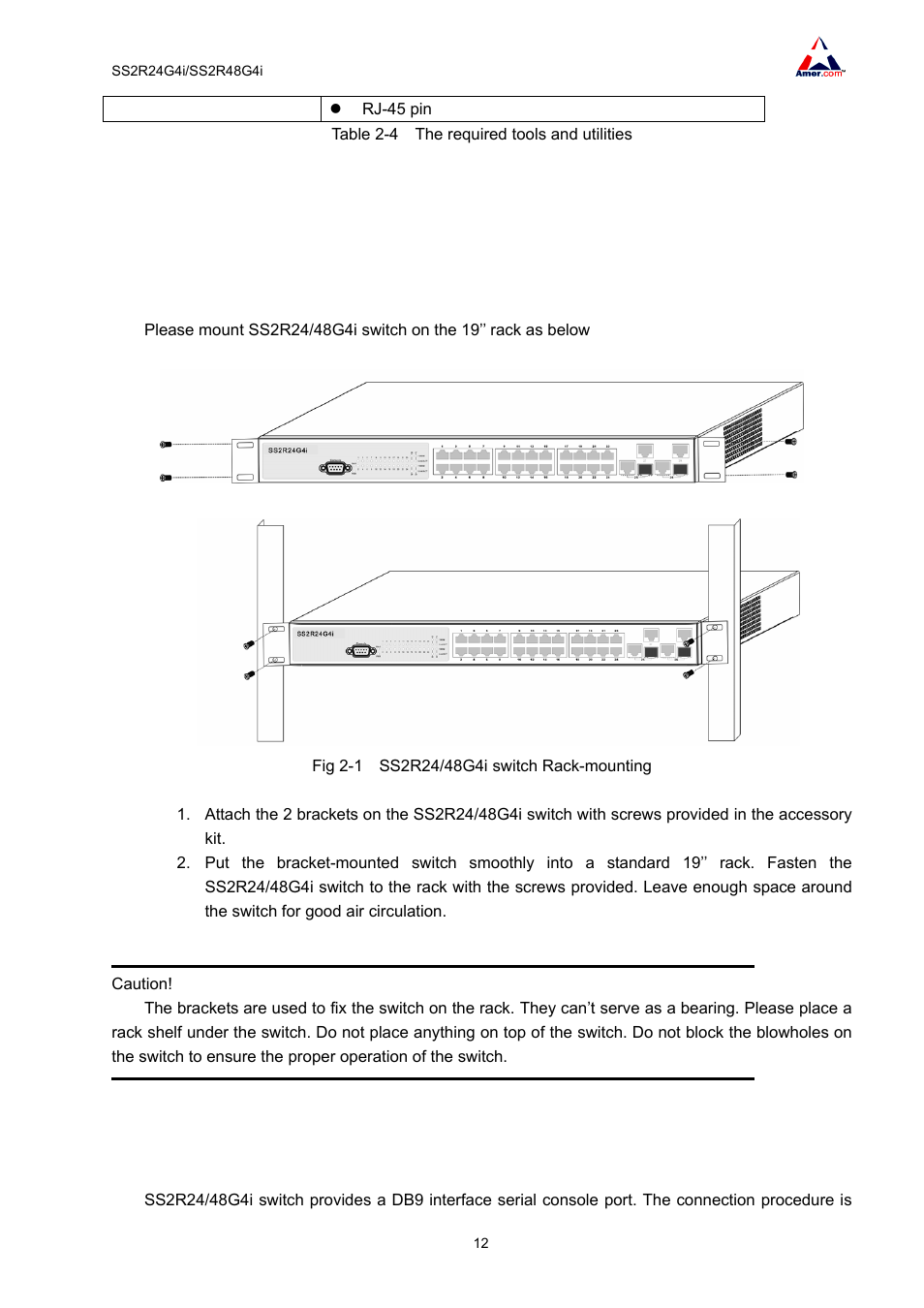 3 hardware installation, 1 installing the switch, 2 connecting console | Amer Networks SS2R48G4i V2 User Manual | Page 23 / 198