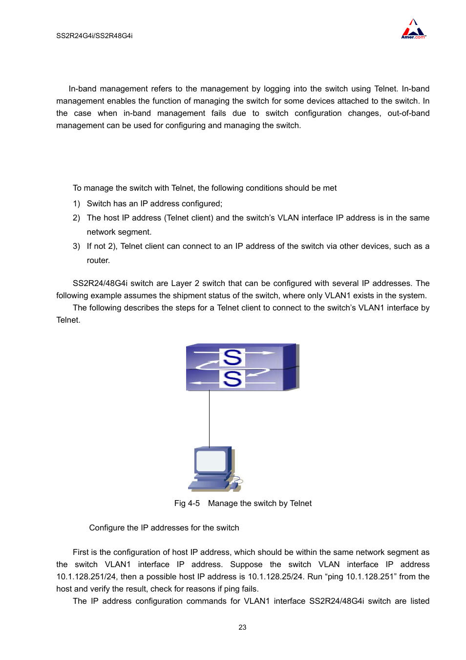 2 in-band management, 1 management via telnet | Amer Networks SS2R48G4i V2 User Manual | Page 34 / 198